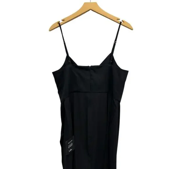 Lulus V Neck Spaghetti Strap Pleated Faux Wrap Reinette Black Midi Dress size L - Picture 3 of 5